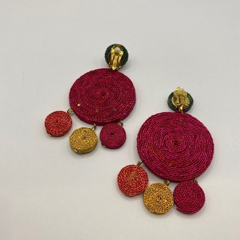 Handwoven Pink and Multicolor Disc Drop Earrings